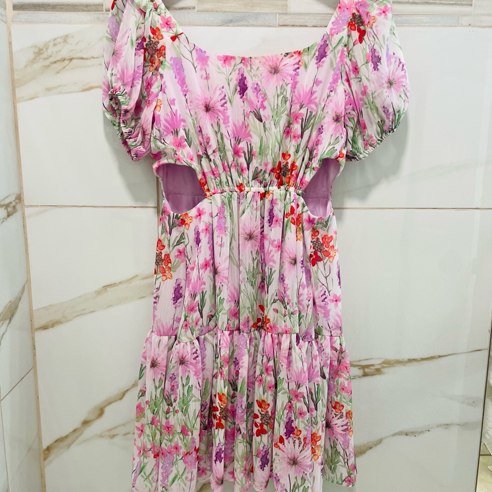Taylor Pink Floral Cut-Out Puff Sleeve Mini Dress Size 2 - Picture 5 of 9